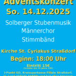 Werbeplakat für das Adventskonzert. Gelb-weiße Schrift auf hellblauem Hintergrund.