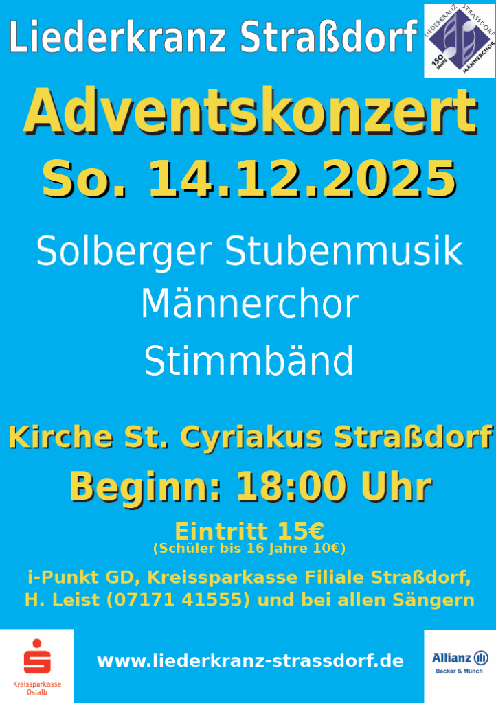 Werbeplakat für das Adventskonzert. Gelb-weiße Schrift auf hellblauem Hintergrund.